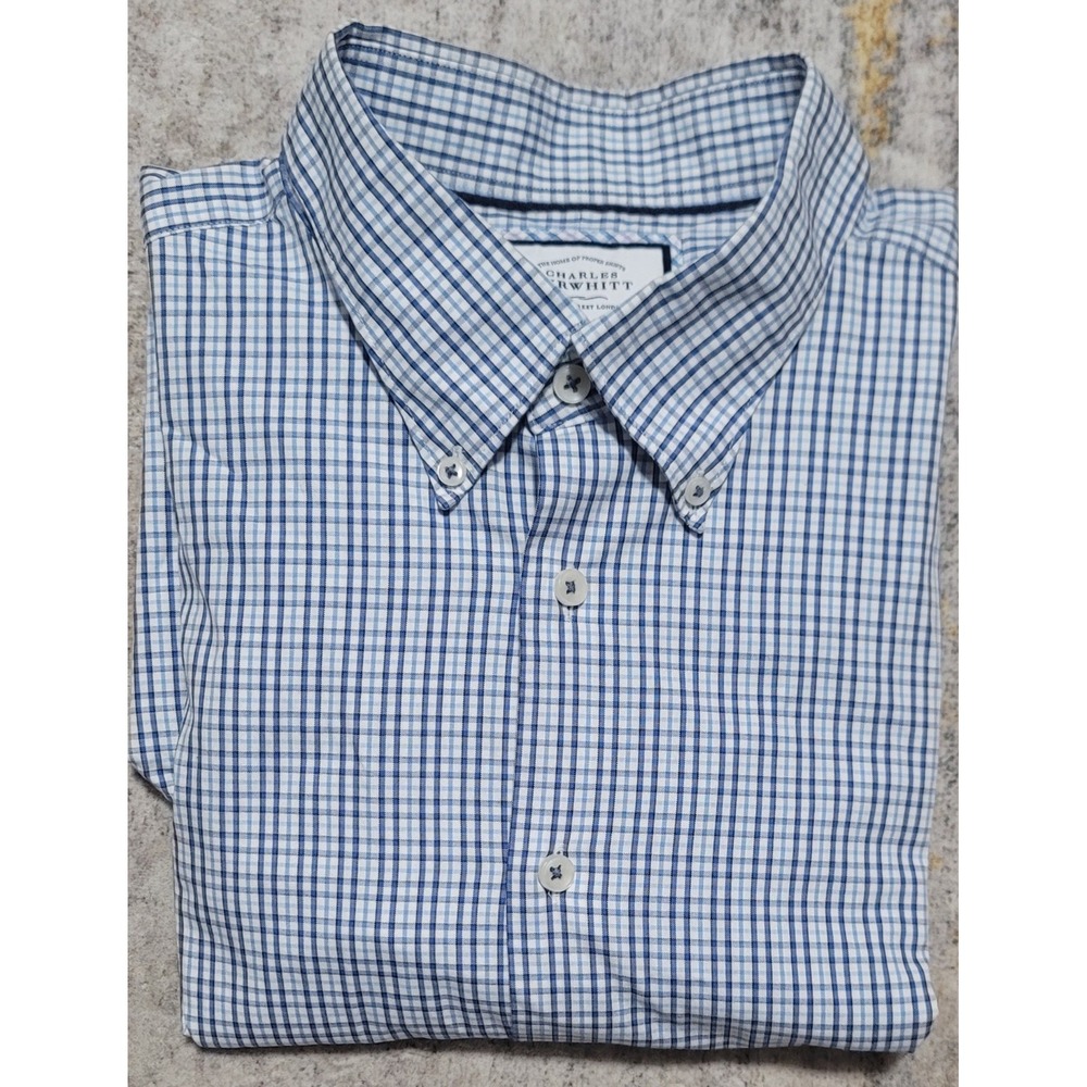 Charles Tyrwhitt Mens Blue Green Slim Fit Non-Iron Dress‎ Shirt Size 18 X 35